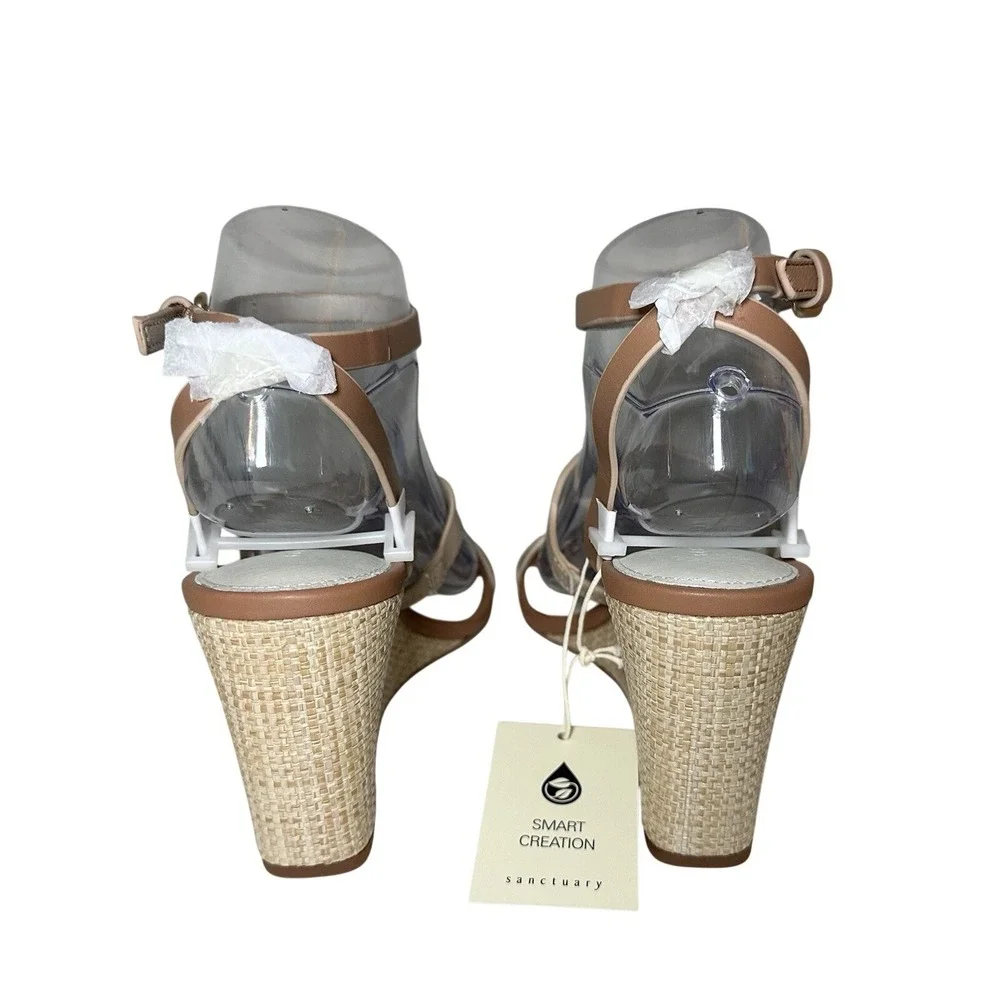 Sanctuary *NEW* Women's 8 Wink Nude Metallic Raffia Wedge Heel Leather Sandals